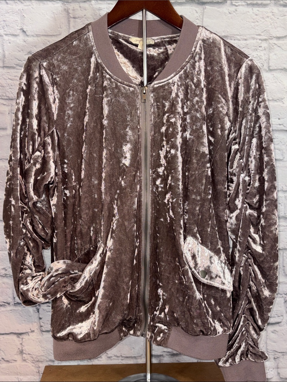 Mystree Crushed Velvet Bomber Jacket in Dusty Lavender Lightweight Shiny Large